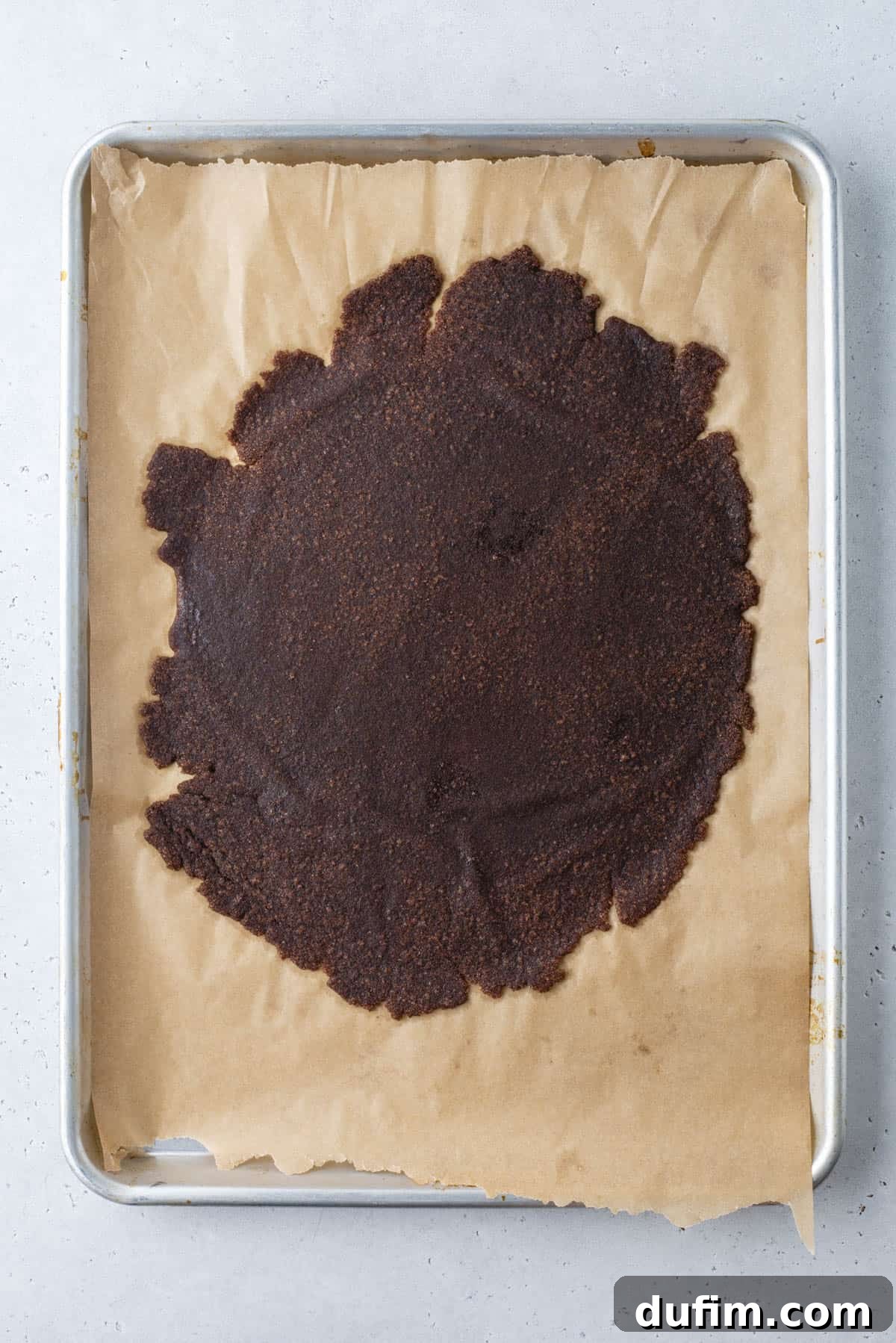 Spiced Cinnamon Chip Muffins 8 A baking sheet lined with parchment paper holds a large, unevenly spread circle of dark brown dough or mixture. The surface is slightly rough in texture, and the edges are irregular.
