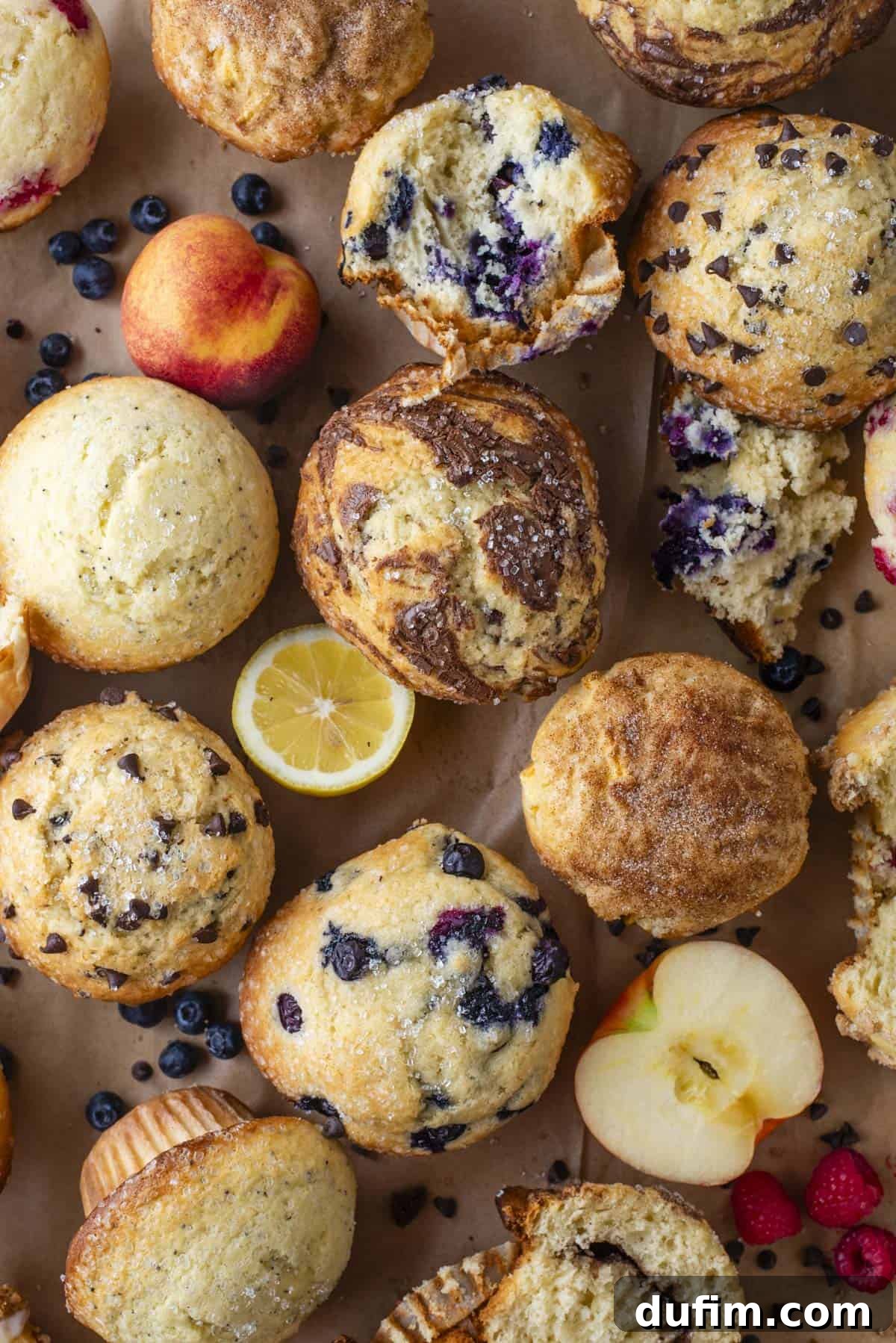 An assortment of muffins with various mix-ins like blueberries and chocolate chips, surrounded by fresh fruit including peaches, a lemon slice, apples, and scattered blueberries on brown parchment paper.