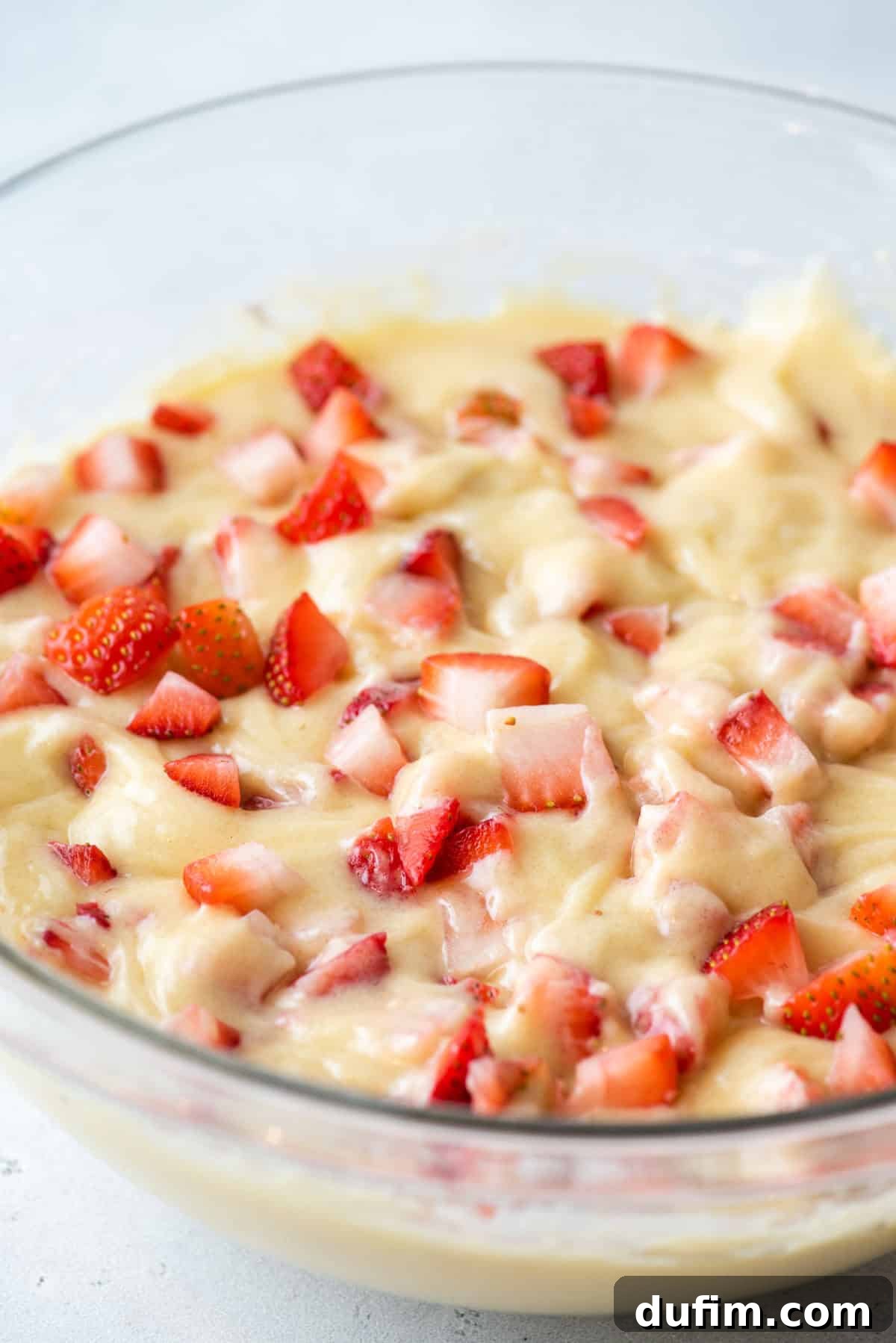 A glass bowl filled with cake batter mixed with chopped fresh strawberries, ready to be baked.