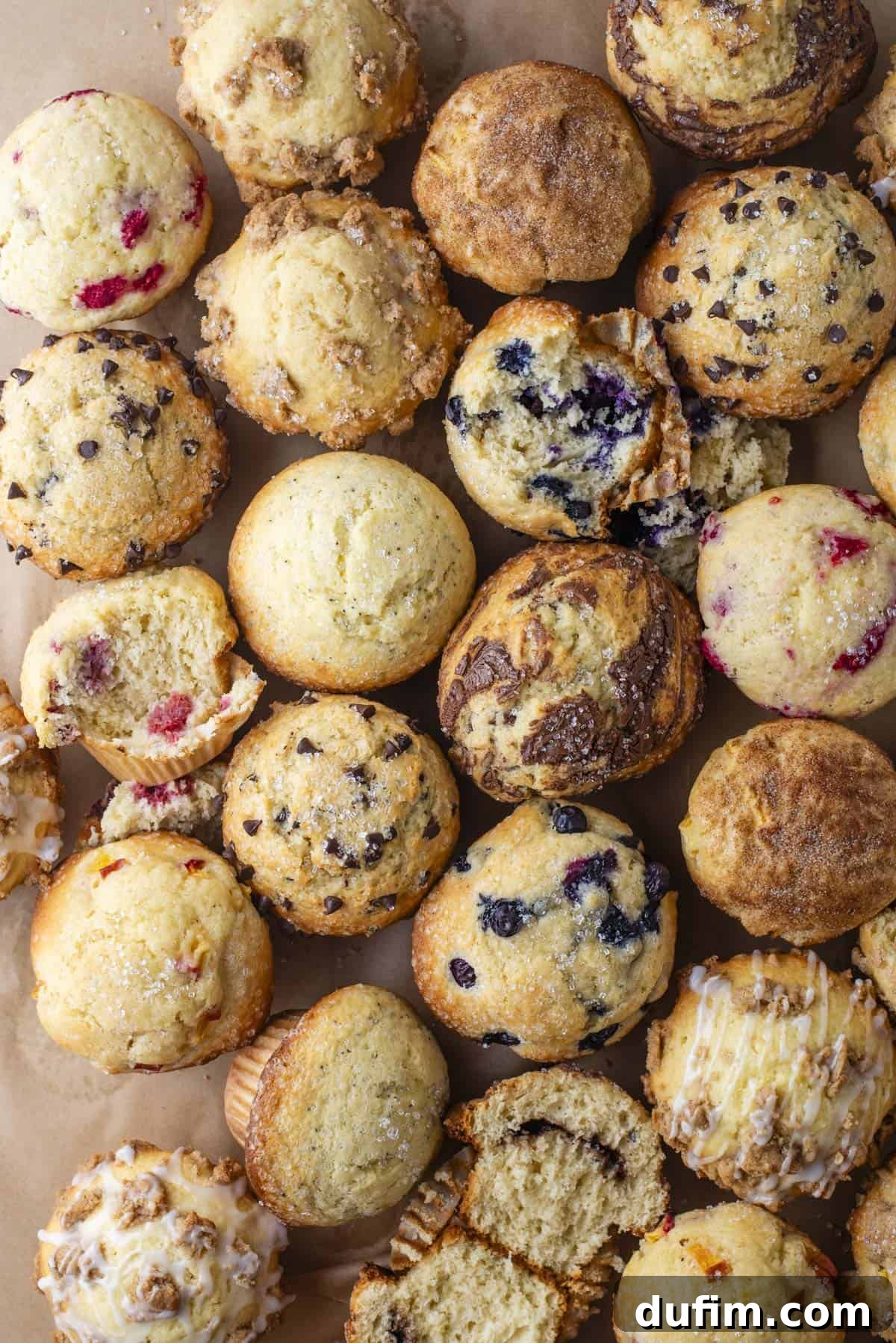 An assortment of muffins, including blueberry, chocolate chip, and streusel-topped varieties, arranged closely together on a parchment surface, some whole and some cut open to reveal their fillings.
