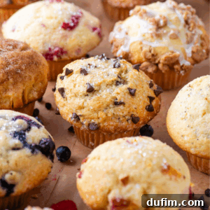 A variety of muffins, including ones with chocolate chips, berries, cinnamon sugar, and crumb toppings, arranged closely together on a brown surface.