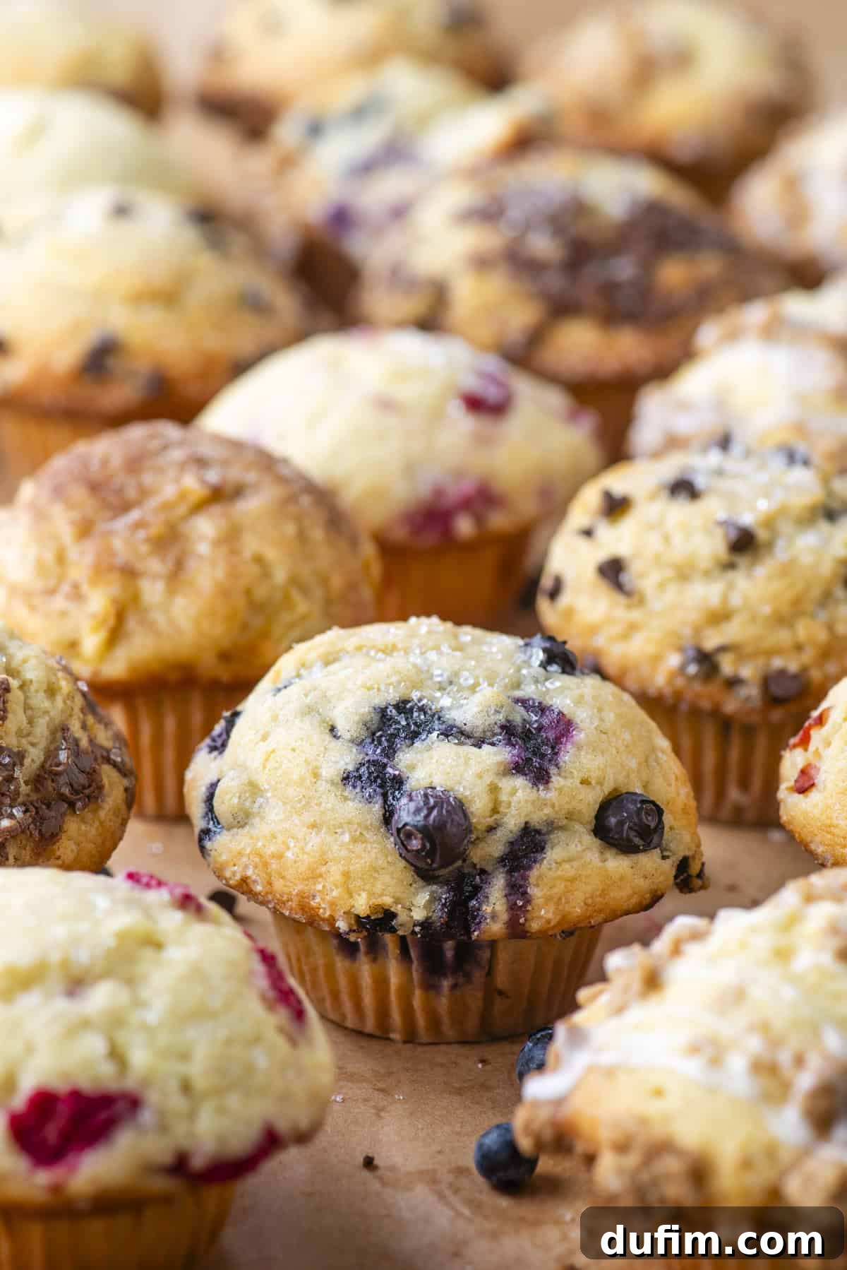 A close-up of assorted homemade muffins, including blueberry, chocolate chip, and berry varieties, arranged on a brown parchment surface. The muffins look freshly baked and slightly golden.