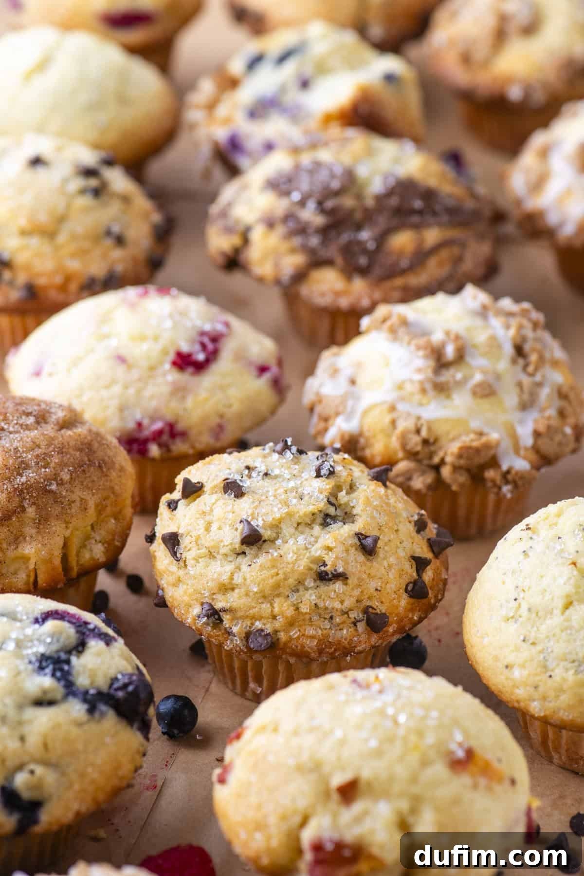 An assortment of freshly baked muffins, including chocolate chip, blueberry, and streusel-topped varieties, arranged closely on a brown parchment surface.