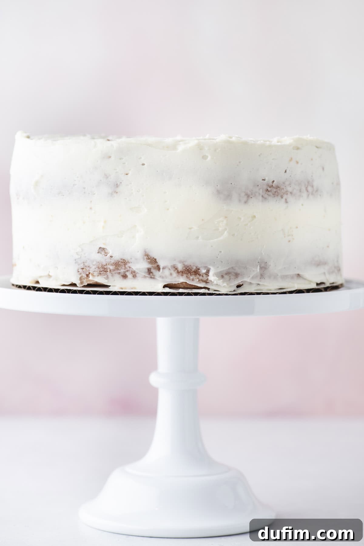 A single, elegant round cake with a delicate, thin layer of white frosting, subtly revealing the cake beneath, sits gracefully on a white cake stand against a soft, inviting light pink and white background.