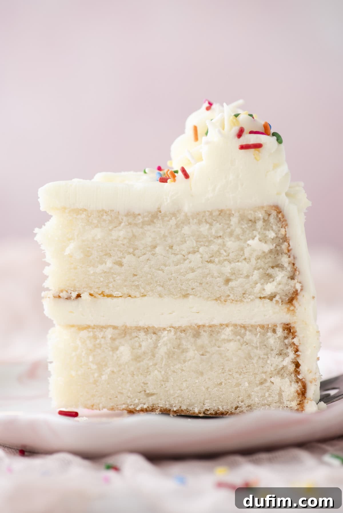 A close-up photograph captures a delightful slice of white layer cake, elegantly topped with creamy white frosting and a playful scattering of colorful sprinkles, presented on a pristine white plate against a soft, inviting pink background.