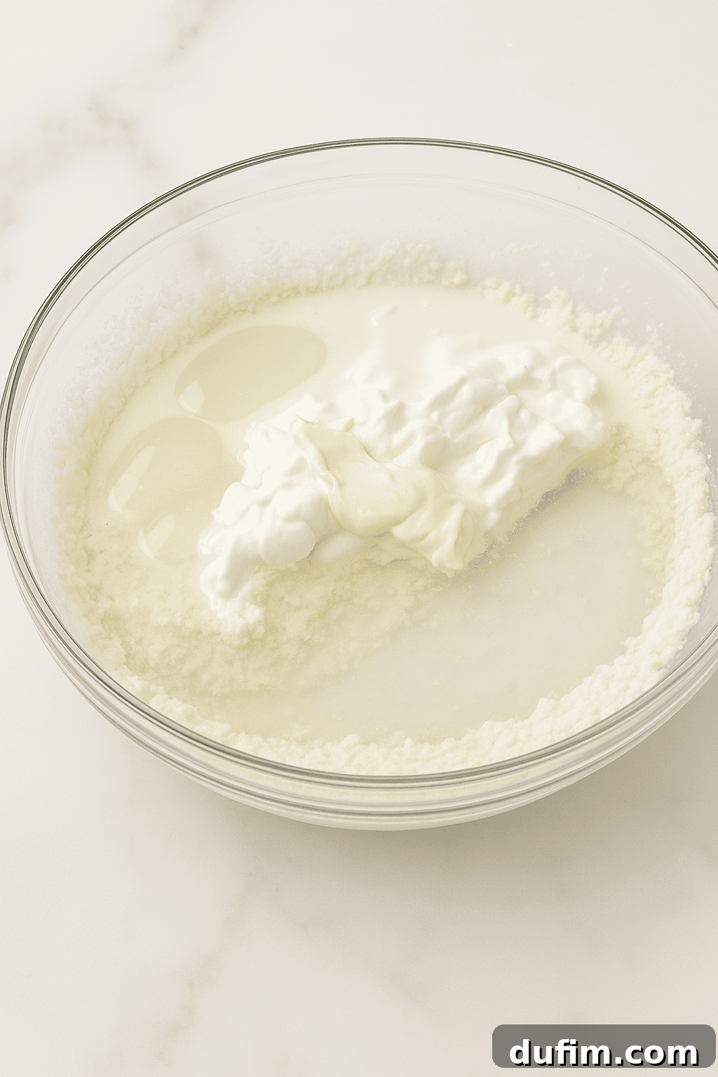 A glass bowl on a white marble surface contains a creamy, white, and slightly textured mixture, likely including sour cream and milk, for a cake batter.