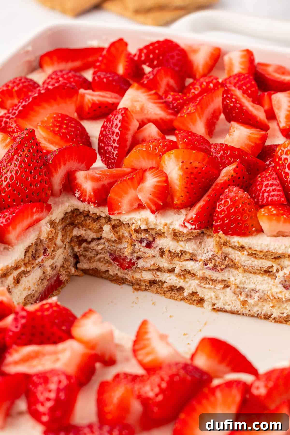 No-Bake Strawberry Dream 2 A layered dessert with cream, graham crackers, and fresh sliced strawberries, displayed in a dish with a large square piece removed to show the layers inside.