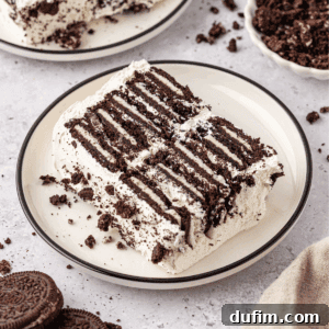 A slice of icebox cake with layers of chocolate cookies and whipped cream sits on a plate, with cookie crumbs scattered around and whole cookies visible nearby.