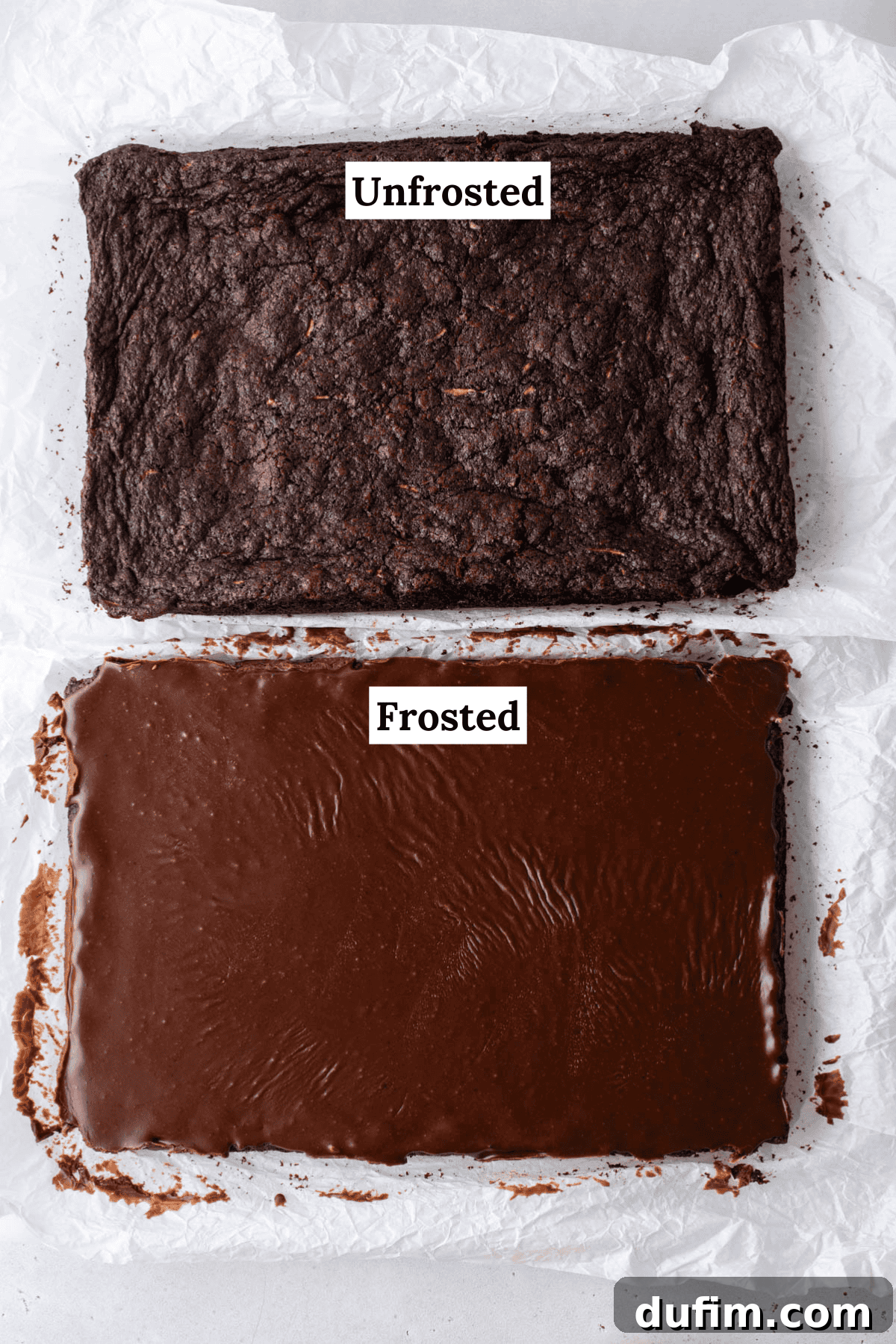 Hidden Harvest Brownies 15 Two rectangular chocolate cakes on parchment paper; the top cake is unfrosted with a textured surface, and the bottom cake is covered smoothly with chocolate frosting. Labels read Unfrosted and Frosted.