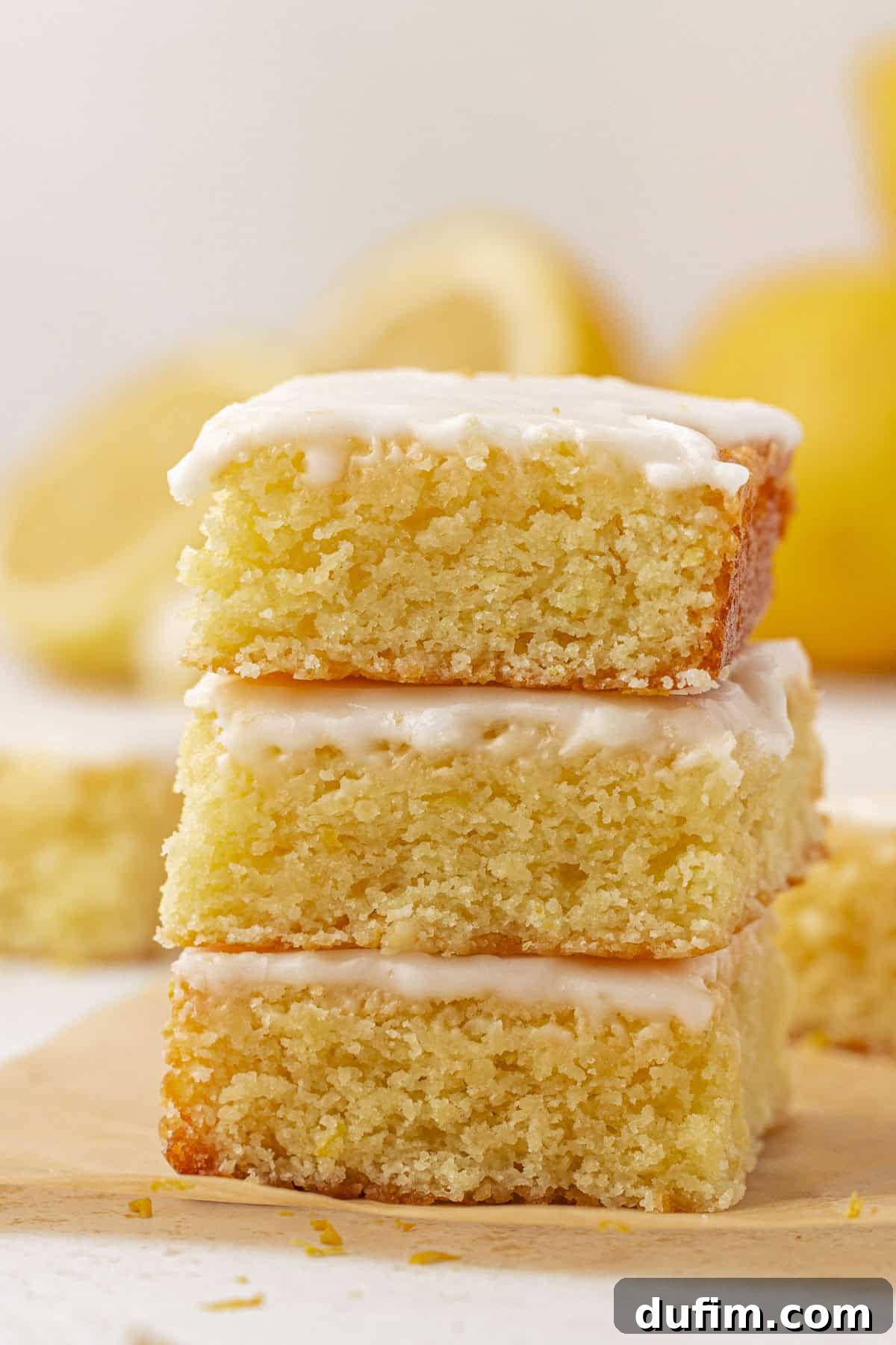 Zesty Lemon Brownies 2 A stack of three dense, golden lemon brownies with a light glaze on top, arranged on parchment paper. The brownies appear moist and chewy, with fresh lemons blurred in the background.