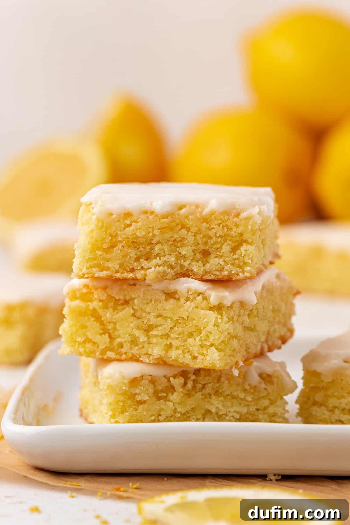 Zesty Lemon Brownies 16 A stack of three lemon blondies with glossy icing on top, sitting on a white plate. Whole and sliced lemons are blurred in the background, suggesting a fresh lemon flavor.