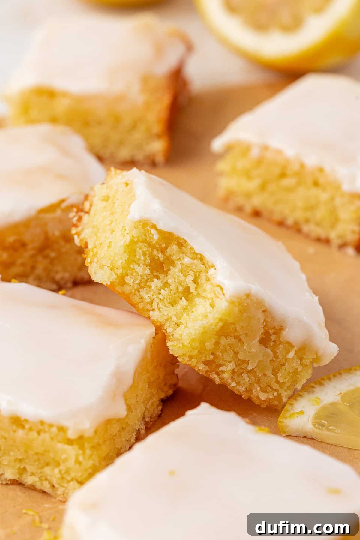 Zesty Lemon Brownies 5 Close-up of glazed lemon brownies with a moist, yellow interior and a glossy white icing on top, arranged on parchment paper with a lemon slice nearby.