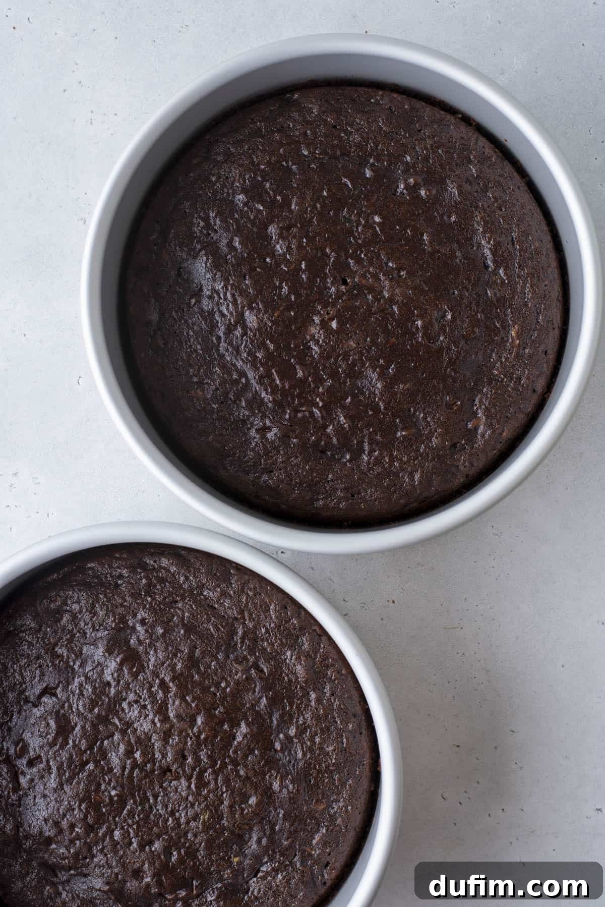 Two round cake pans filled with freshly baked chocolate cake, shown from above on a light gray surface. The cakes have a moist, slightly glossy top.