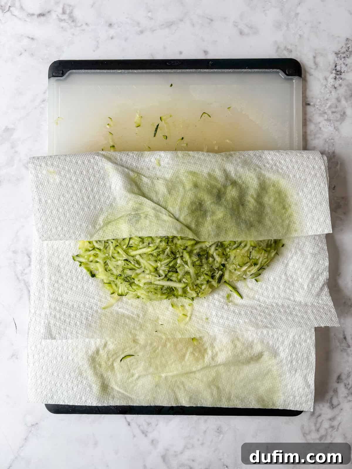 Shredded zucchini on a cutting board is partially wrapped in paper towels, with visible moisture absorbed into the towels, all sitting on a white marble surface.