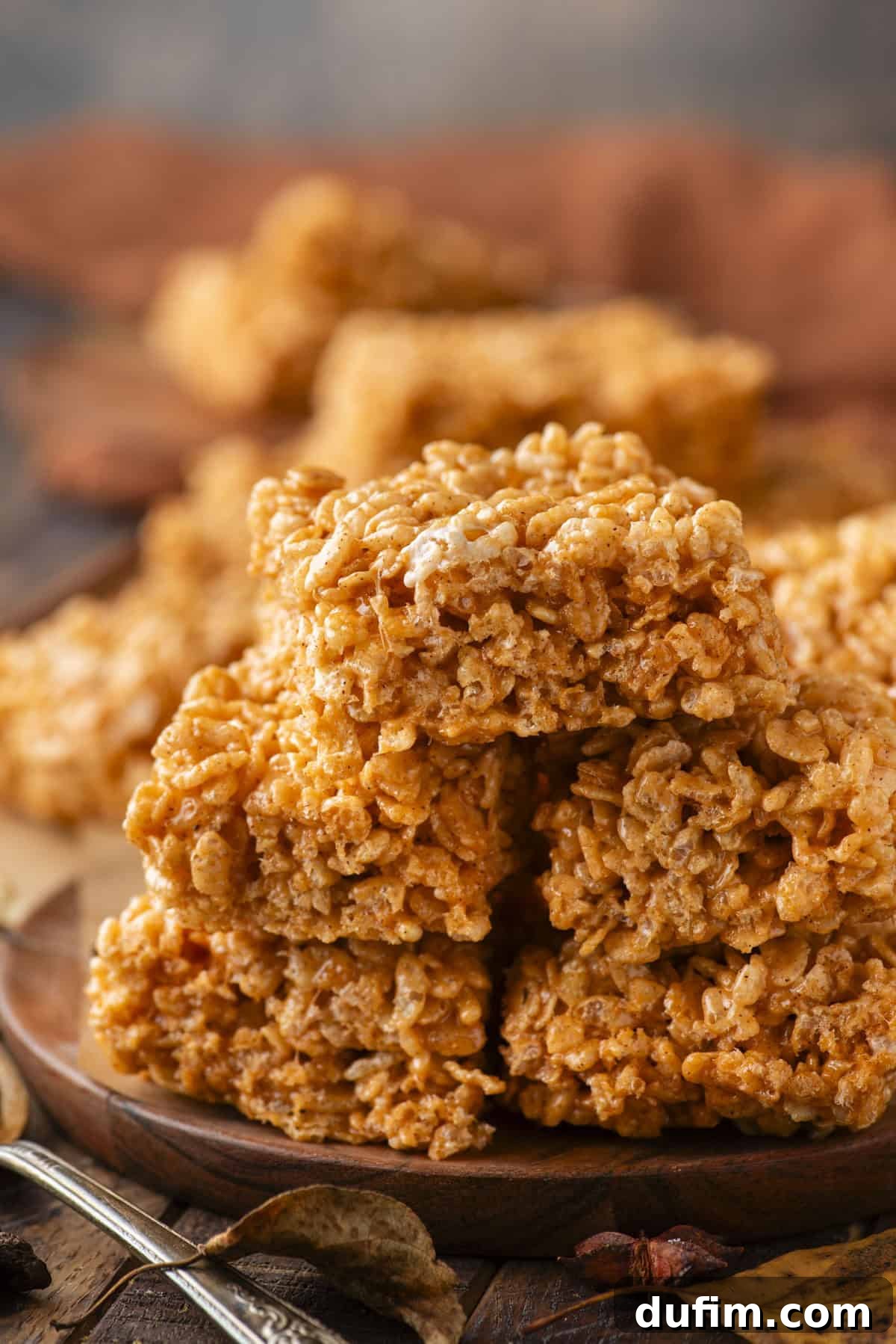 A close-up of a stack of pumpkin spice rice crispy treats on a wooden plate, with more treats and autumn leaves blurred in the background. The treats are golden brown and have a textured, crispy appearance.