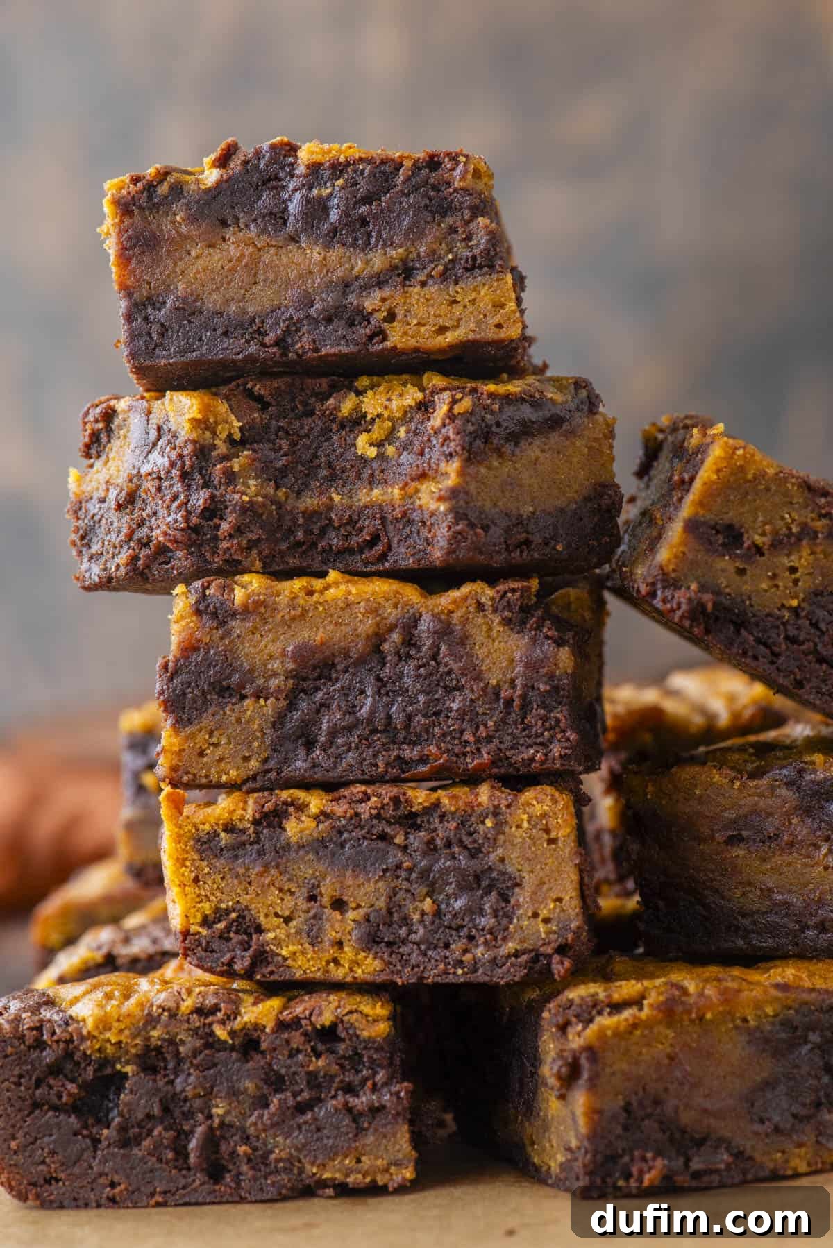 Pumpkin Ripple Fudge Brownies 2 A stack of pumpkin swirl brownies, showing layers of rich, dark chocolate brownie and vibrant orange pumpkin filling, against a blurred neutral background. The swirls are clearly visible, promising a delightful blend of flavors.