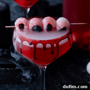 A red cocktail with a smoky effect is served in a glass with black and red syrup dripping down the rim. Four lychee and blueberry eyeballs are skewered on top, creating a spooky Halloween drink.