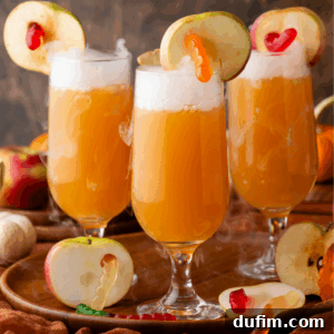 Three glasses of orange punch topped with foam, each garnished with a slice of apple and a gummy worm. Whole and sliced apples, plus more gummy worms, are arranged on a wooden tray with a warm, rustic background.