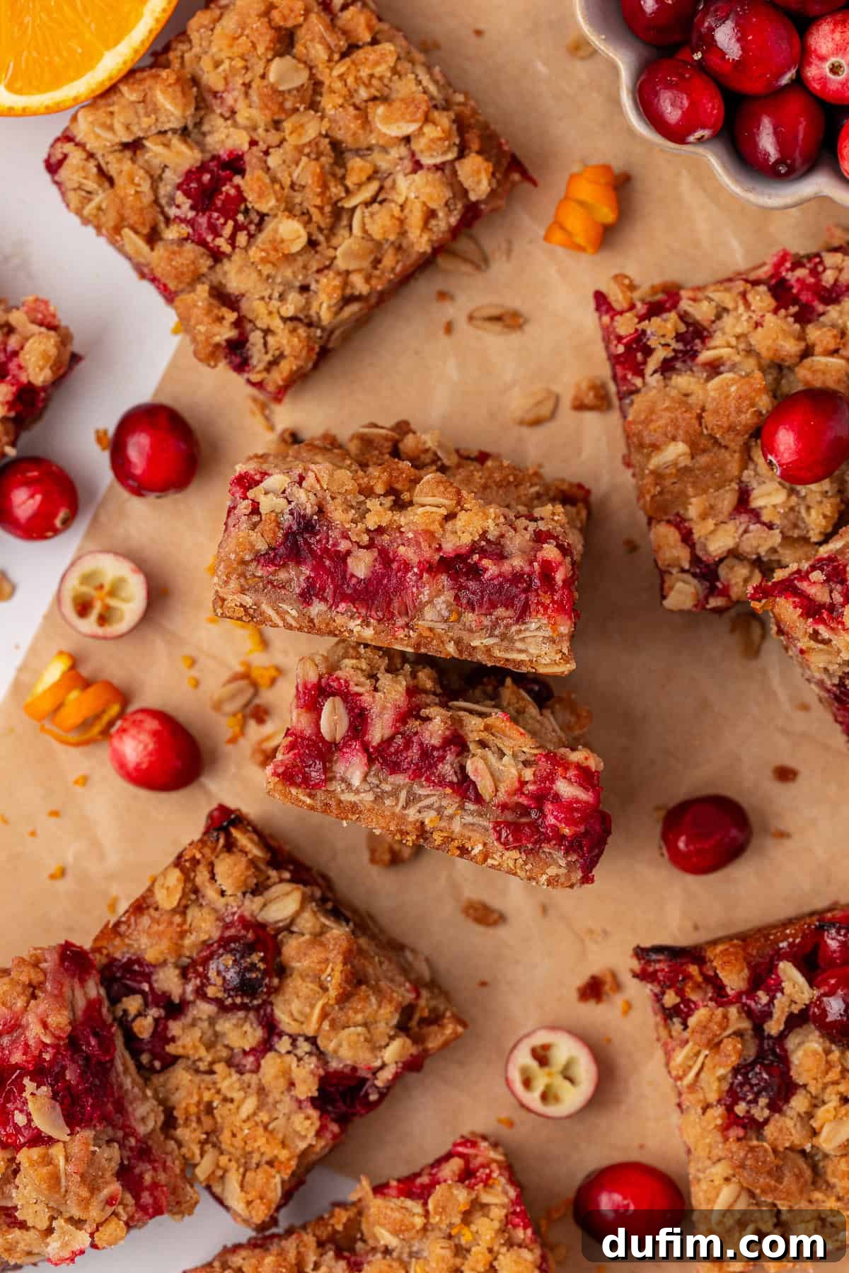 Cranberry crumb bars scattered over brown parchment paper, some flat and some on their sides, surrounded by scattered cranberries and crumbs