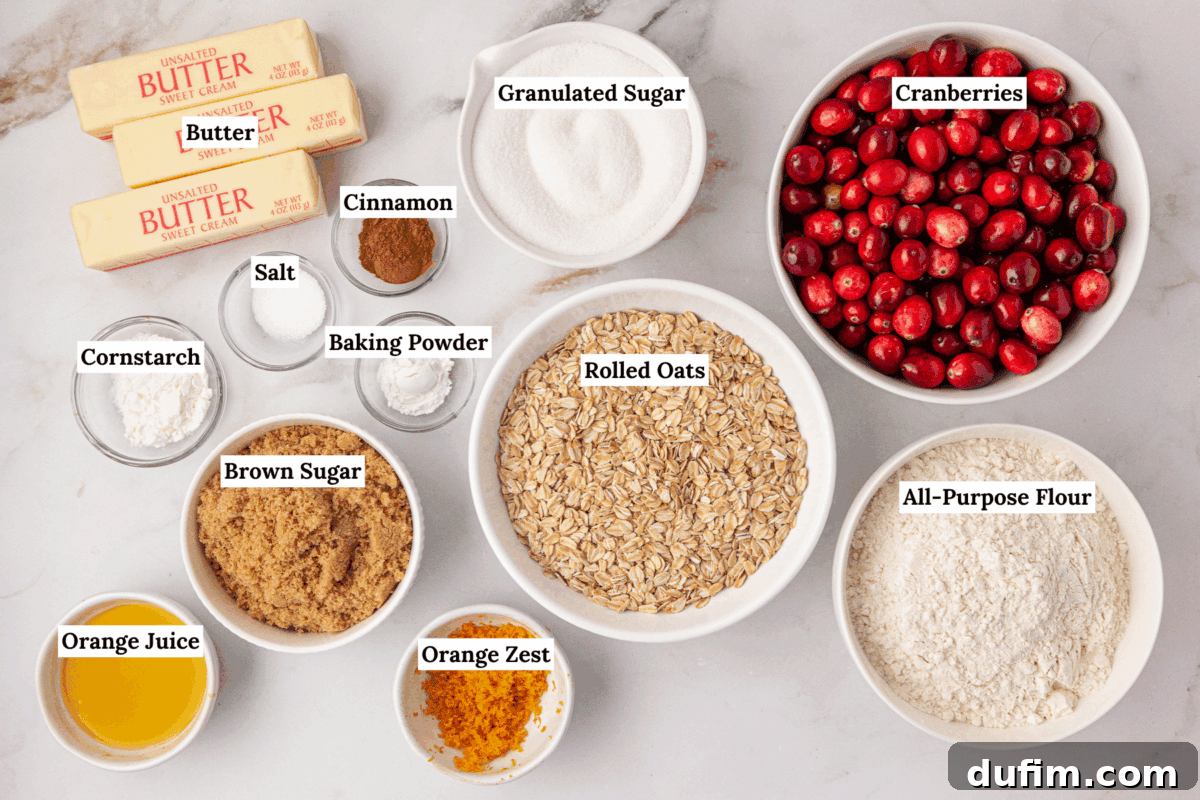 Overhead view of the ingredients for cranberry crumb bars including three sticks of butter, cinnamon, salt, cornstarch, baking powder, granulated sugar, cranberries, rolled oats, brown sugar, orange juice, orange zest, and all-purpose flour
