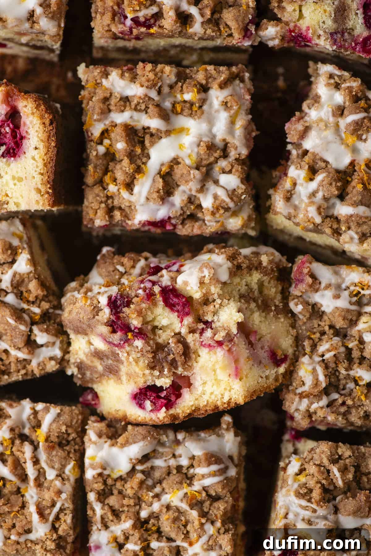 Close-up of perfectly sliced Cranberry Orange Coffee Cake squares, generously topped with a golden, crumbly streusel. Vibrant red cranberries are visible throughout the moist, golden cake, which is finished with a delicate drizzle of orange icing. The cake's rich texture and fresh fruit are highlighted.