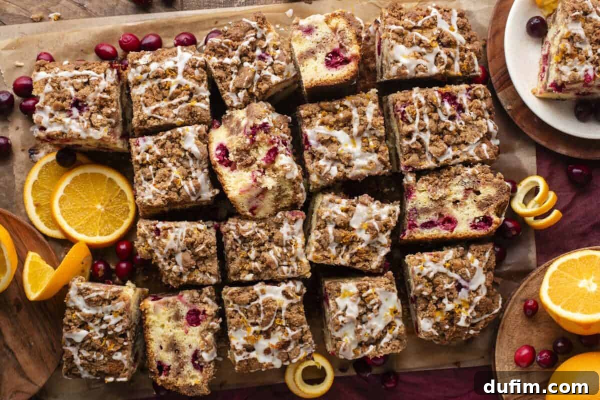 An appetizing overhead view of beautifully sliced Cranberry Orange Coffee Cake squares, showcasing the vibrant red cranberries and bright orange zest. Each piece is elegantly topped with a delicate drizzle of icing and a generous streusel. Fresh orange slices, whole cranberries, and delicate orange peels are artfully scattered on a rustic wooden surface, highlighting the cake's fresh, seasonal ingredients.