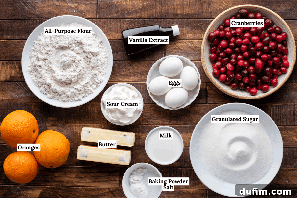 A meticulously arranged top-down view of essential baking ingredients on a rustic wooden table. Included are bowls of flour, fresh eggs, vibrant cranberries, granulated sugar, whole oranges, creamy sour cream, sticks of butter, milk, baking powder, salt, and vanilla extract. Each item is clearly visible and ready for use in crafting a delicious coffee cake.