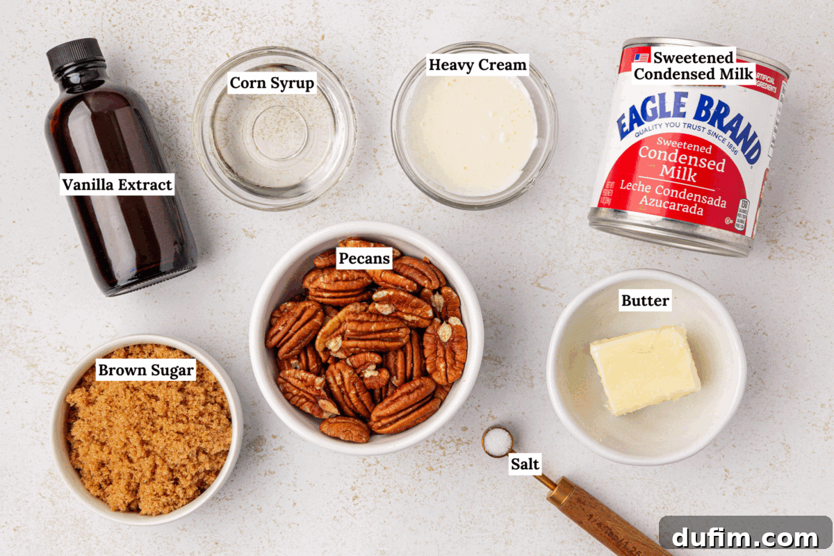 Caramel Pecan Turtle Thumbprints 4 Top-down view of measured ingredients for a recipe: vanilla extract, corn syrup, heavy cream, sweetened condensed milk, brown sugar, pecans, butter, and salt, each labeled with its name.