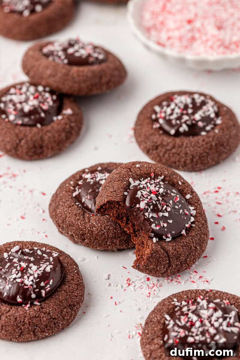 Peppermint Kissed Chocolate Thumbprint Cookies 2 Chocolate thumbprint cookies with glossy chocolate centers are topped with crushed peppermint candy. One cookie has a bite taken out, and more cookies and peppermint pieces are scattered on a white surface.