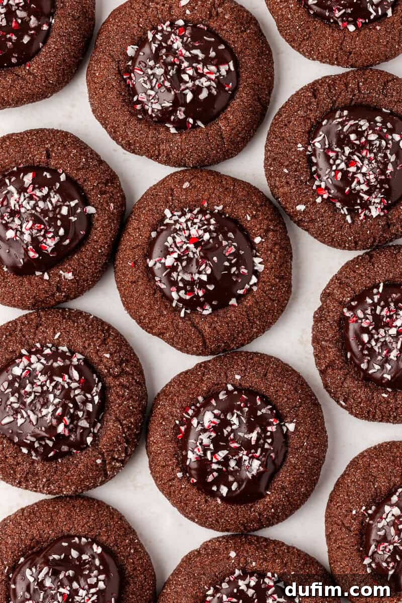 Peppermint Kissed Chocolate Thumbprint Cookies 3 Chocolate thumbprint cookies topped with glossy chocolate centers and sprinkled with crushed peppermint candy, arranged closely together on a white surface.