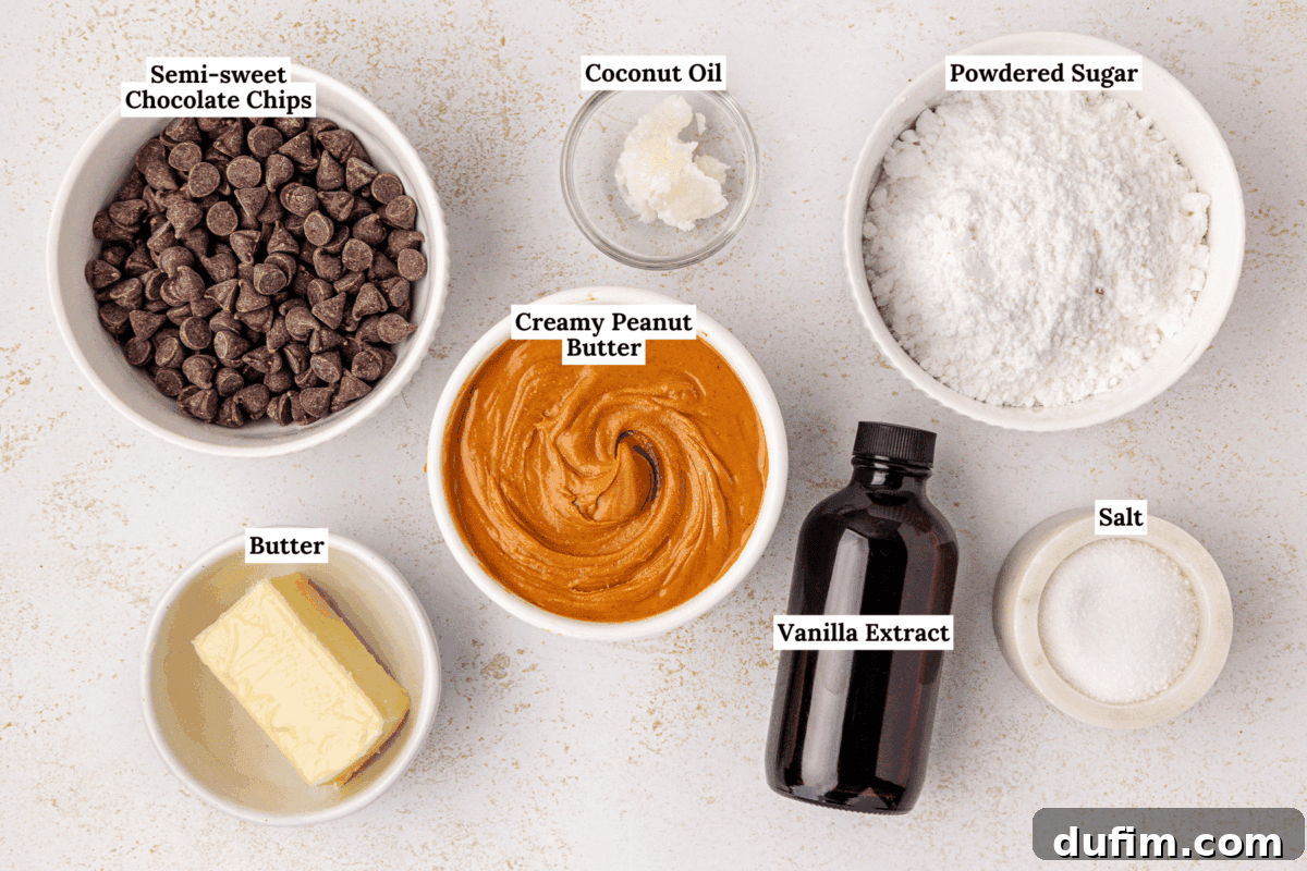 Irresistible Peanut Butter Chocolate Thumbprints 5 A top-down view of six labeled baking ingredients in bowls: semi-sweet chocolate chips, coconut oil, powdered sugar, creamy peanut butter, butter, vanilla extract, and salt.