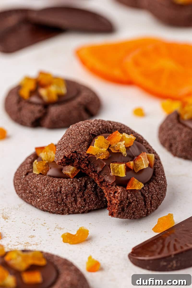 Chocolate cookies topped with chopped dried orange pieces are arranged on a light surface. One cookie is broken in half, revealing its soft inside. Slices of dried orange and chocolate pieces are visible in the background.