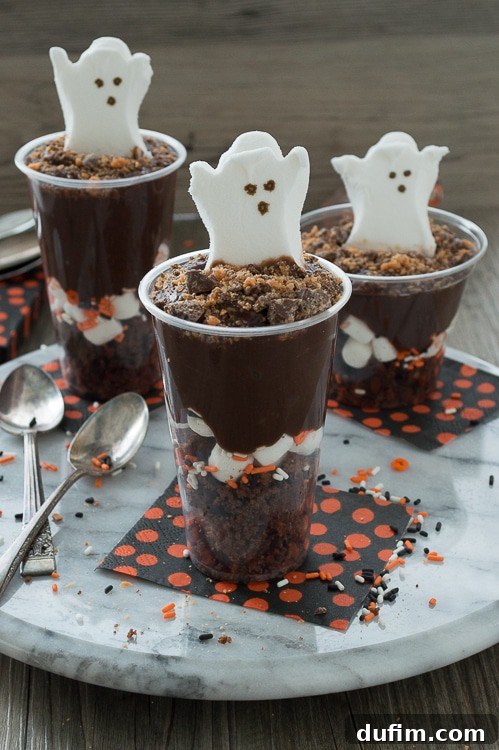 Celebrate Halloween with a pudding parfait! Layers of brownies, marshmallows, pudding, and favorite Halloween candy topped with a ghost.