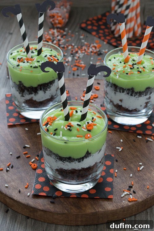 Celebrate Halloween with a pudding parfait. Mix up some green pudding and add in brownie pieces, whipped cream, and oreos. Top the parfait with easy to make witch’s legs!