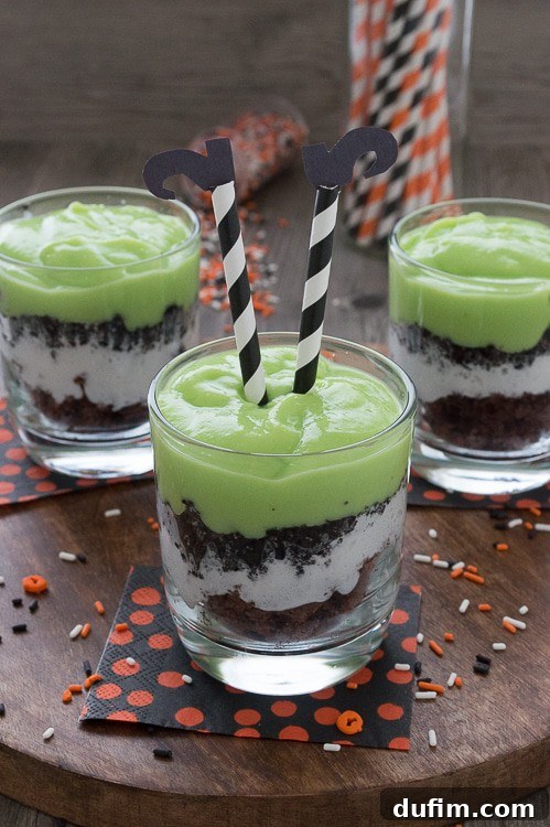 Celebrate Halloween with a pudding parfait. Mix up some green pudding and add in brownie pieces, whipped cream, and oreos. Top the parfait with easy to make witch’s legs!