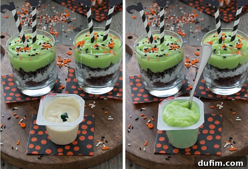 Celebrate Halloween with a pudding parfait. Mix up some green pudding and add in brownie pieces, whipped cream, and oreos. Top the parfait with easy to make witch’s legs!