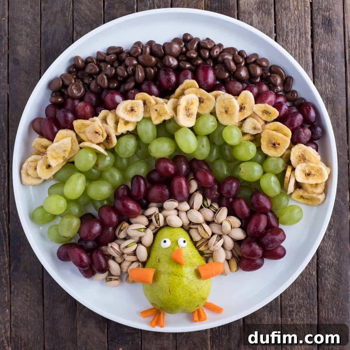 A comprehensive view of the almost-finished turkey fruit platter, magnificently displaying all the layers of various fruits and nuts, including the chocolate-covered raisins, creating a rich, inviting, and truly elaborate display of edible 'feathers'. The entire platter is coming together as a festive artwork.