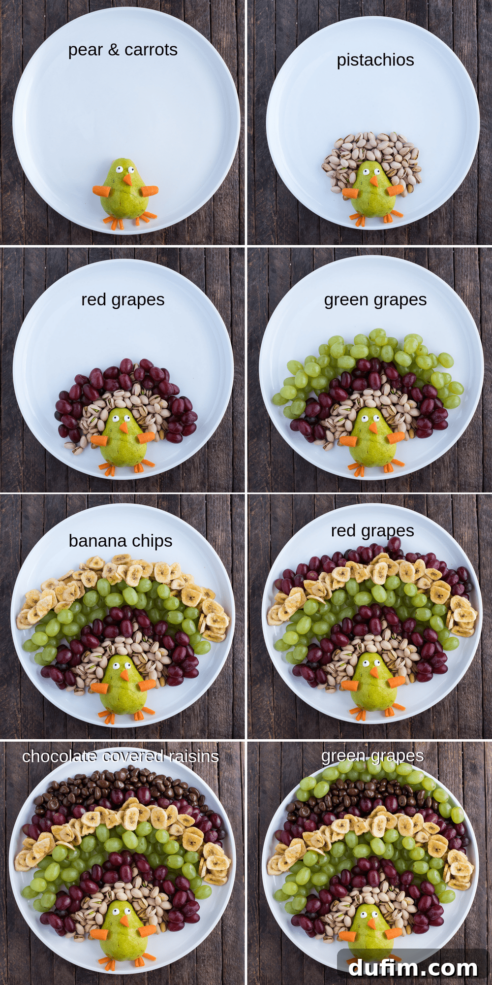 A comprehensive step-by-step visual guide demonstrating the entire process of creating a festive turkey shaped fruit platter. From positioning the pear body and carrot features to layering vibrant fresh fruits and crunchy nuts like pistachios, red and green grapes, banana chips, and chocolate-covered raisins, culminating in a beautiful and full holiday appetizer ready for serving.