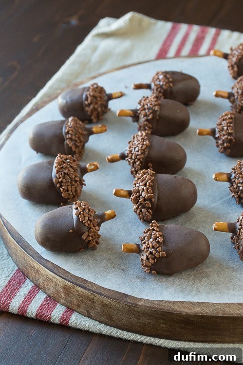 Adorable and delicious oreo acorn ball desserts on a round wooden board, showcasing their detailed design.