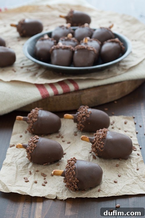 Close-up of three finished oreo balls that look like acorns on a piece of brown paper, highlighting the pretzel stem and sprinkle cap.
