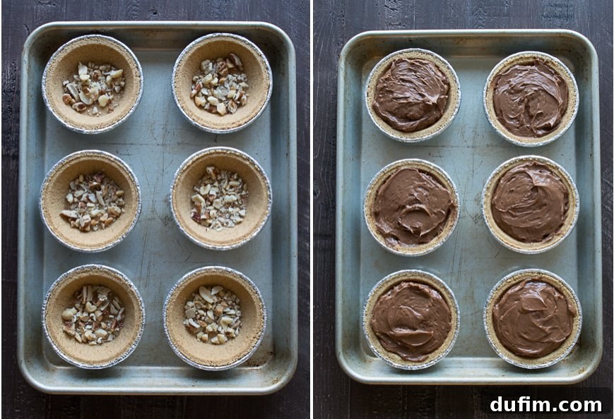 A charming selection of mini no-bake turtle pies elegantly arranged on a serving platter, highlighting their appealing individual presentation.