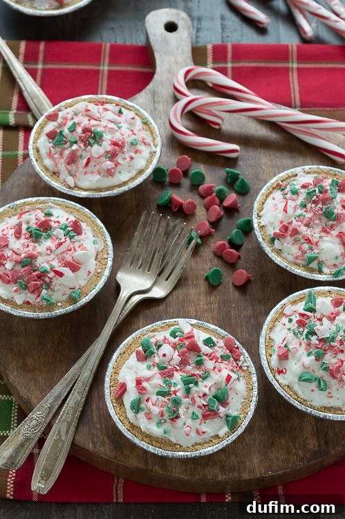 Close-up shot of no-bake mini white chocolate mousse pies topped with red and green holiday chocolate chips and crushed candy canes.