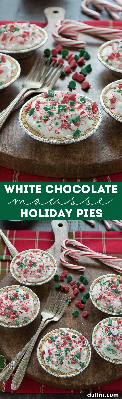 No bake mini white chocolate mousse pies are terrific for Christmas! Top them with red and green holiday chocolate chips!