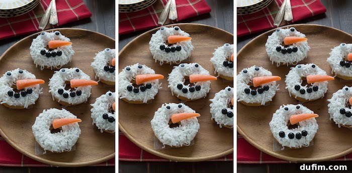An array of baked caramel coconut snowmen donuts, each with unique facial expressions, ready for a holiday party.