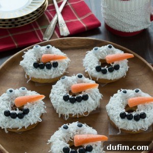 Baked Caramel Coconut Snowmen Donuts, a festive holiday treat.
