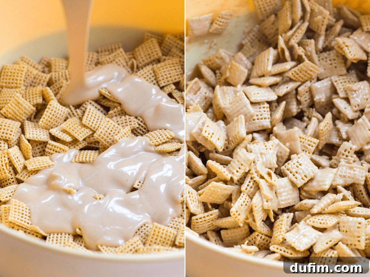 Sparkling White Chocolate New Year's Chow 4 A step-by-step collage demonstrating how to make white chocolate puppy chow, from mixing ingredients to the final decorated product, emphasizing ease of creation.