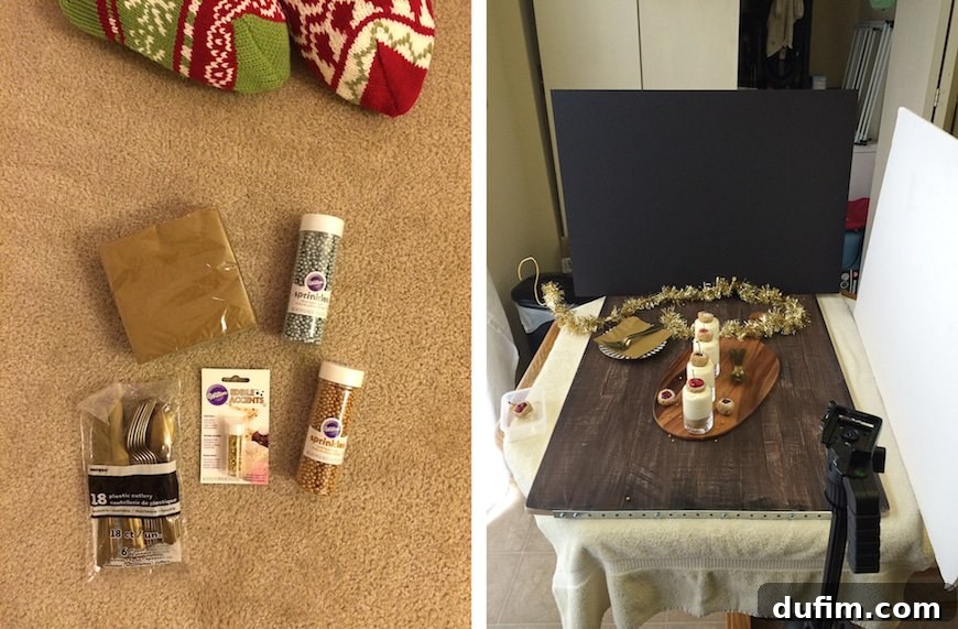 2014's Best Bites & December's Behind-the-Scenes 3 Gold themed New Year's Eve party supplies and behind-the-scenes recipe testing