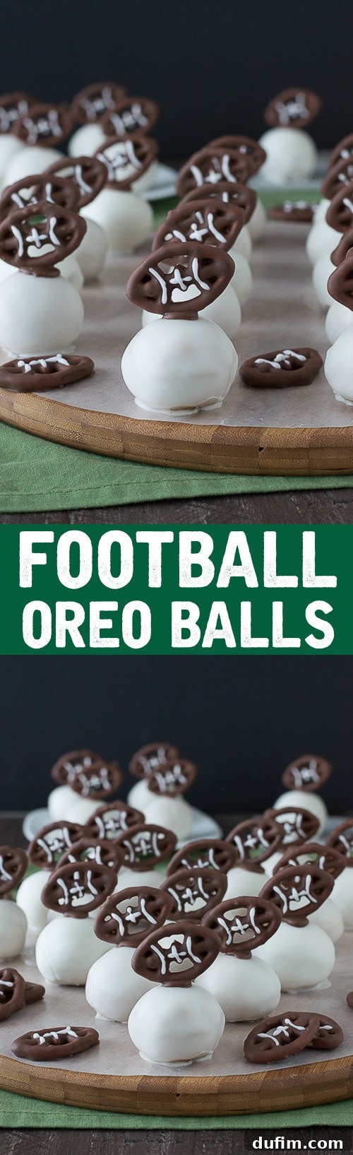 Football Oreo Balls - golden oreo balls dipped in white chocolate and topped with football pretzels! Make these for game day!