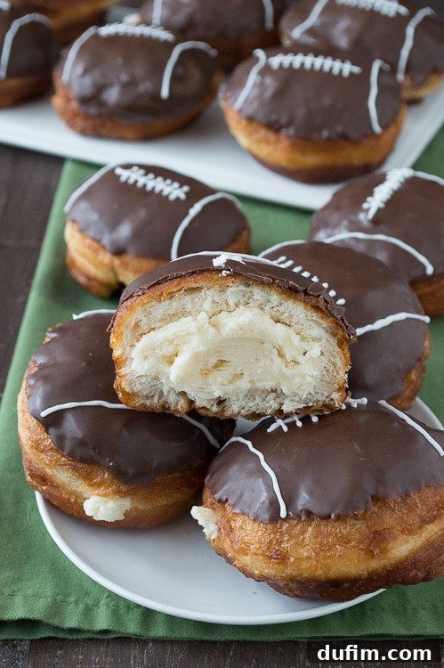 Pigskin Perfection Donuts 6 Chocolate-dipped football donut with white royal icing stitches, ready to eat