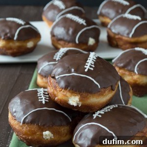 Pigskin Perfection Donuts 8 Cream Filled Chocolate Football Donuts - use refrigerated biscuits to make cream filled donuts! Decorate them to look like footballs for game day!